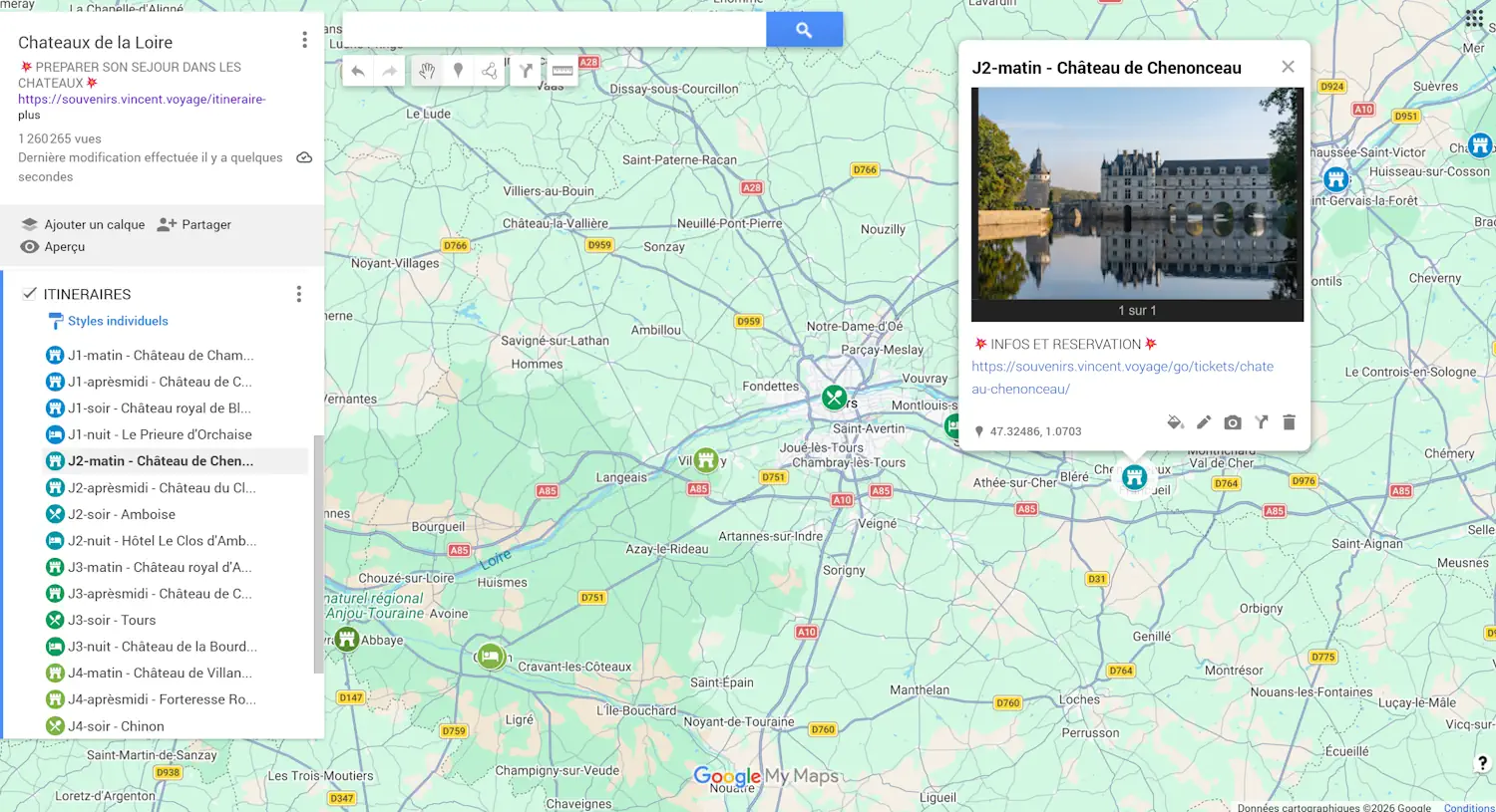 carte itinéraire chateaux de la loire