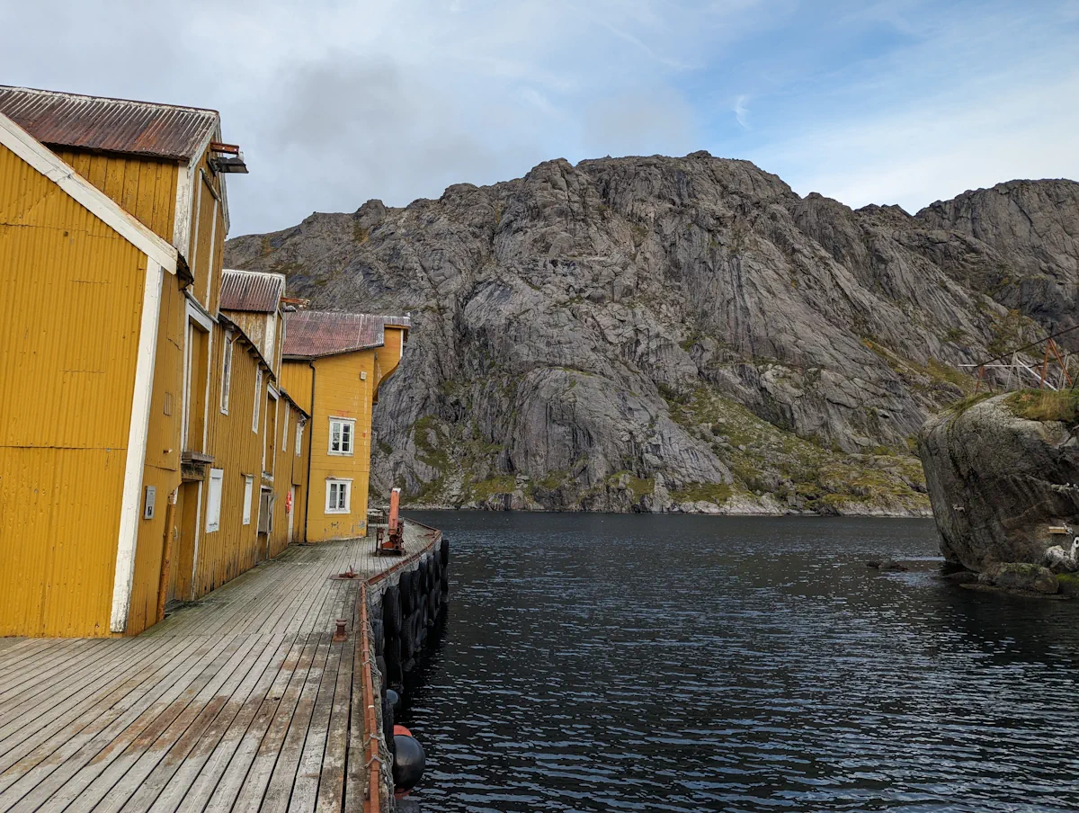 Yellow Houses, Harbour, Nusfjord village, Lofoten Islands, Norway