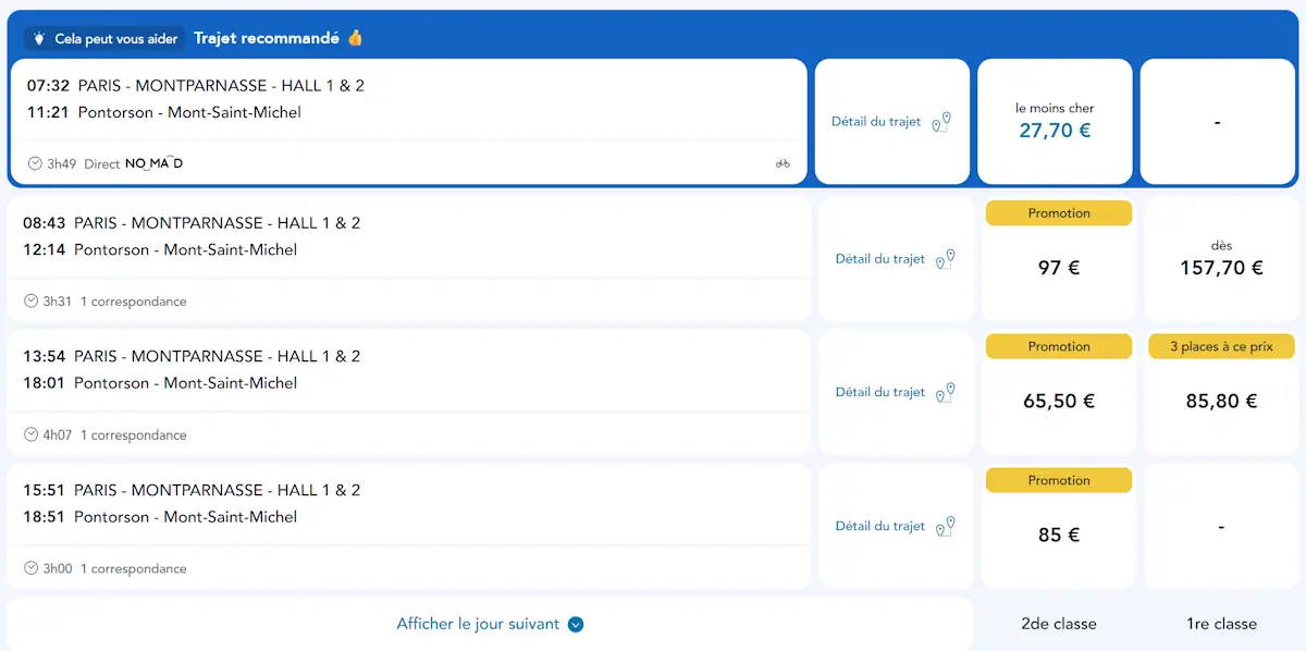 Horaires train nomad mont saint michel Paris