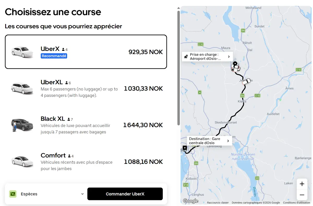 Uber prix Oslo aéroport centre ville