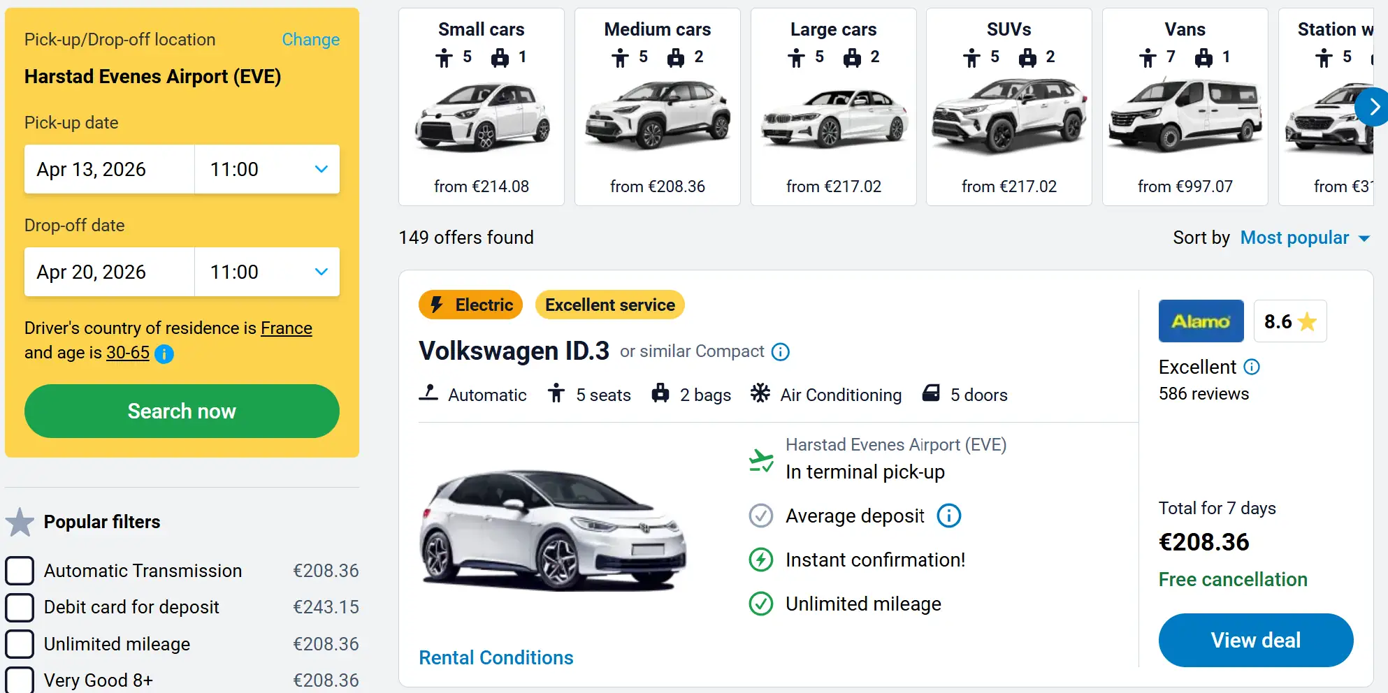 Location voiture iles lofoten Evenes pas cher