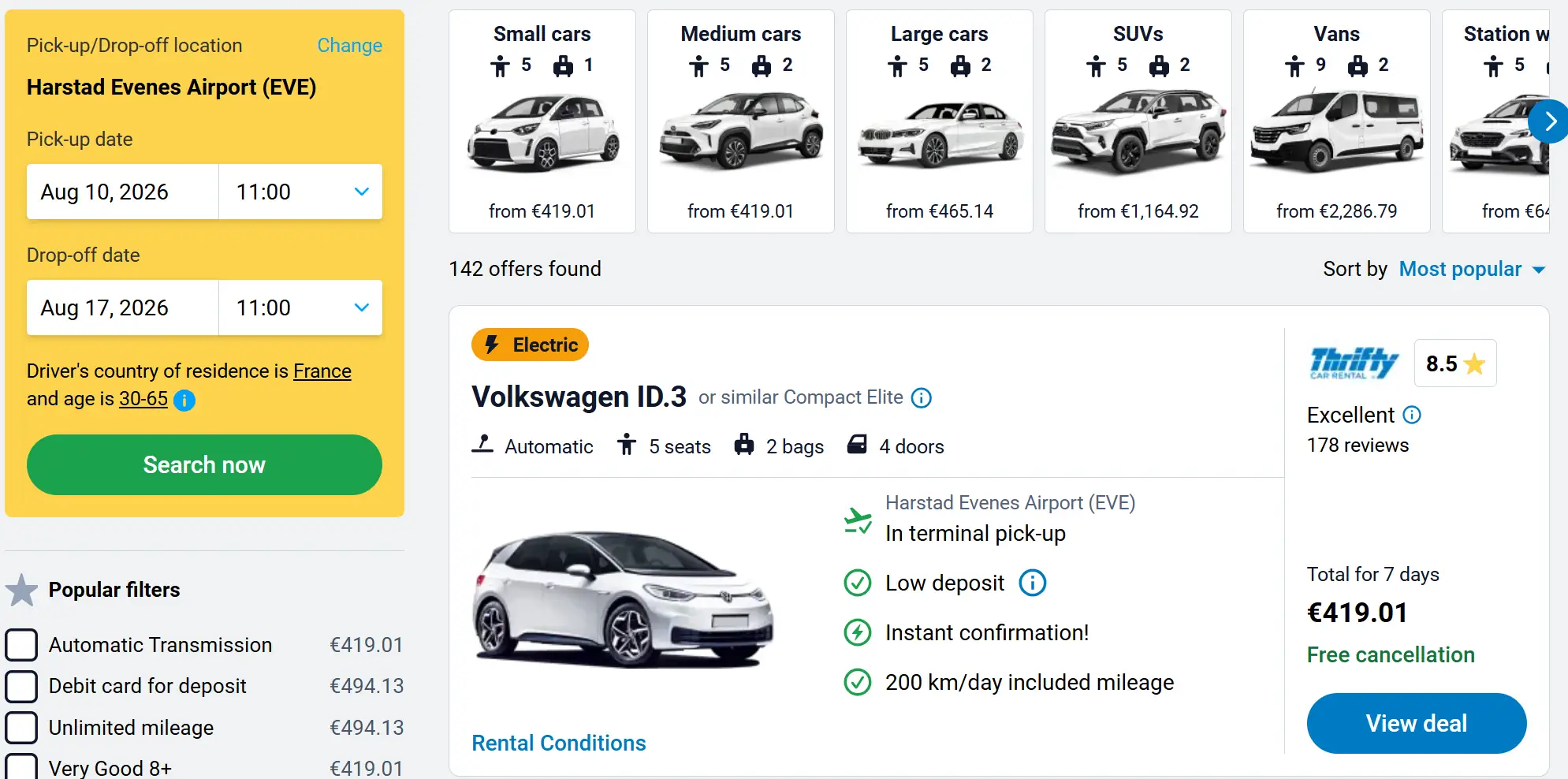Location voiture iles lofoten Evenes pas cher