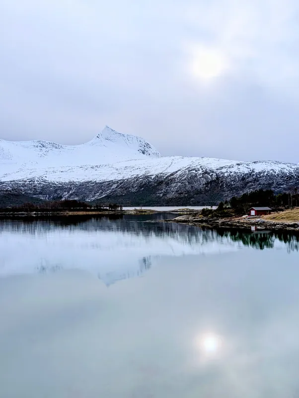 Pose longue sur un fjord parfaitement calme entre Narvik et Bodø, pic enneigé reflété et petite cabane rouge sur la rive — magique.