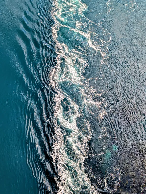 Vue plongeante sur la frontière de mousse du Saltstraumen — différence visible de niveau d'eau jusqu'à 50 cm entre les deux courants opposés.