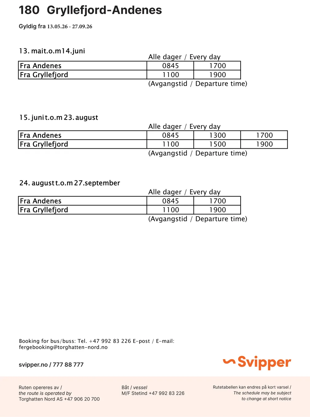 Official 2026 schedules of the Gryllefjord-Andenes ferry (source Svipper)