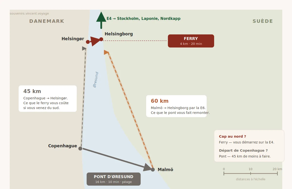 Carte à l'échelle du détroit de l'Øresund : le ferry Helsingør-Helsingborg (4 km, 20 min) face au pont d'Øresund entre Copenhague et Malmö (16 km), avec les 60 km de E6 à remonter côté suédois et les 45 km à faire côté danois.