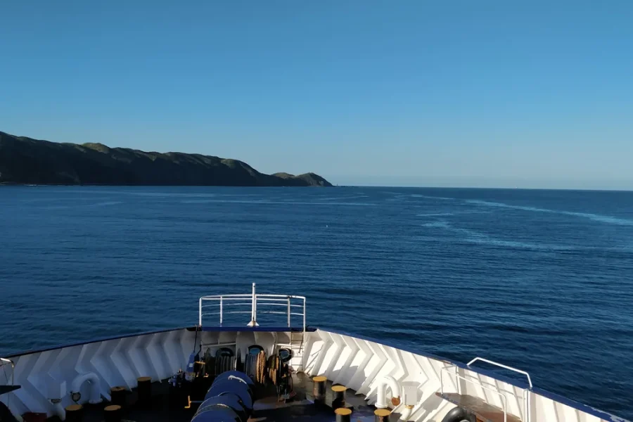 Front deck of the Bluebridge ferry mid-crossing of the Cook Strait between Wellington and Picton, New Zealand.