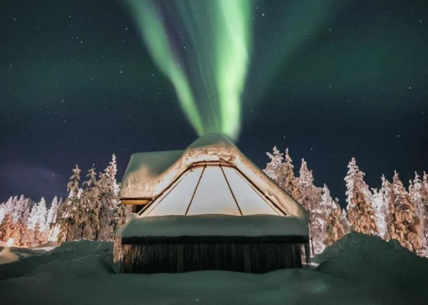 Cabaña con techo de cristal del Northern Lights Village Levi bajo la nieve, con una aurora boreal verde sobre los abetos en la Laponia finlandesa