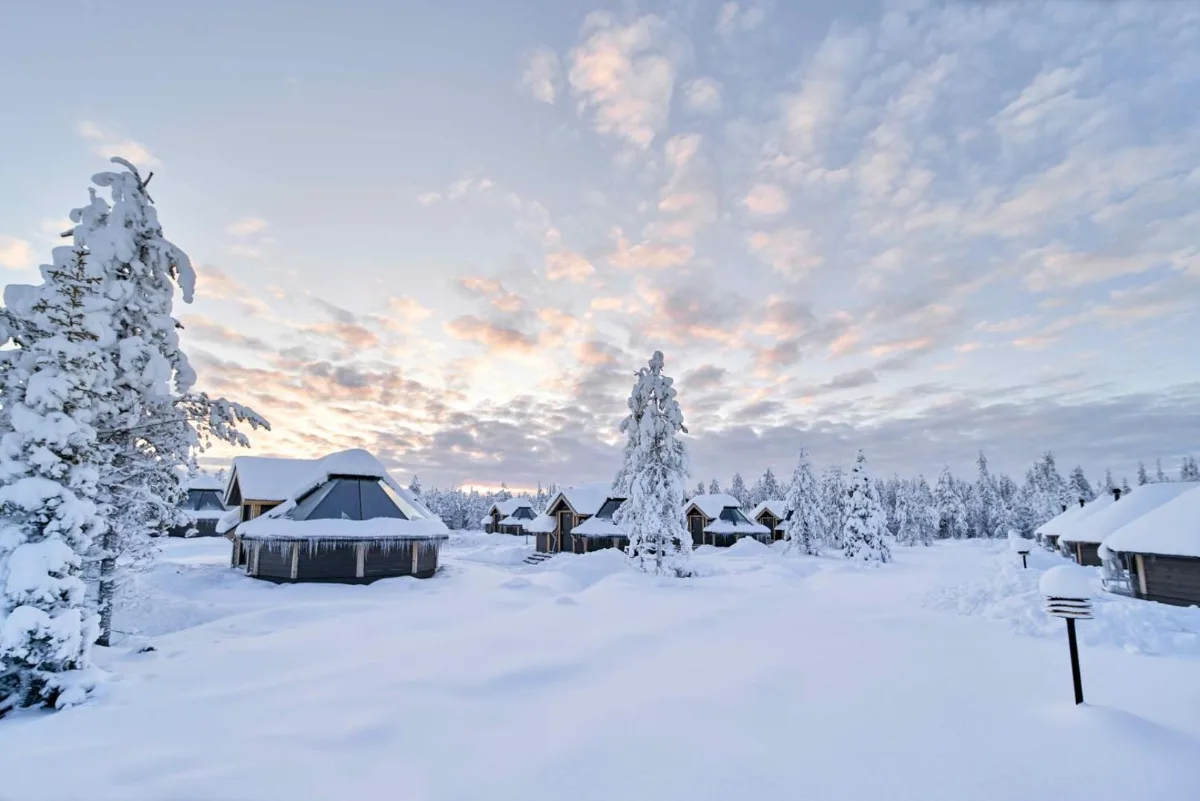 Chalets Aurora au toit vitré du Northern Lights Village Levi sous la neige, entre les sapins enneigés de Laponie finlandaise