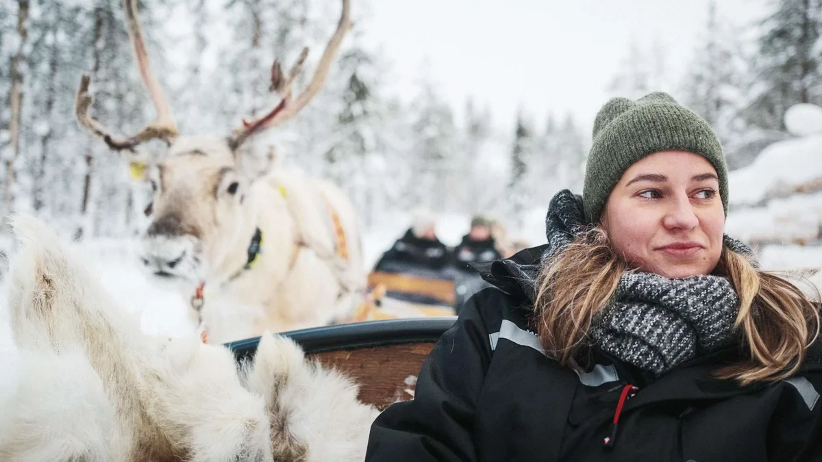 Reindeer sleigh ride in the snowy forest near Rovaniemi: reindeer harnessed to a sleigh with blanket and reindeer hide, then feeding the reindeer and a wood-fire break on a Lappish farm