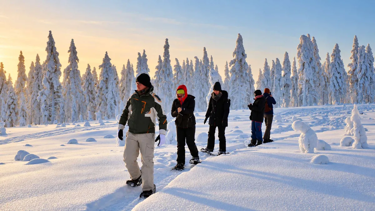 Snowshoe hike in a snowy forest 30 km from Rovaniemi: walking on untouched snow between the frosted firs, then lunch round the fire under a Lappish tipi (kota)